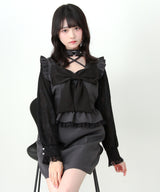 ビッグリボンハートスタッズチョーカー風レース袖フリルワンピース