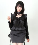 ビッグリボンハートスタッズチョーカー風レース袖フリルワンピース