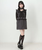 ビッグリボンハートスタッズチョーカー風レース袖フリルワンピース