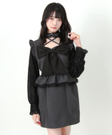 ビッグリボンハートスタッズチョーカー風レース袖フリルワンピース