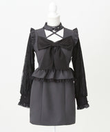 ビッグリボンハートスタッズチョーカー風レース袖フリルワンピース