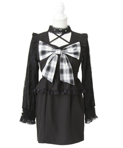 ビッグリボンハートスタッズチョーカー風レース袖フリルワンピース