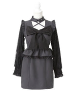 ビッグリボンハートスタッズチョーカー風レース袖フリルワンピース