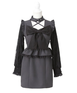 ビッグリボンハートスタッズチョーカー風レース袖フリルワンピース