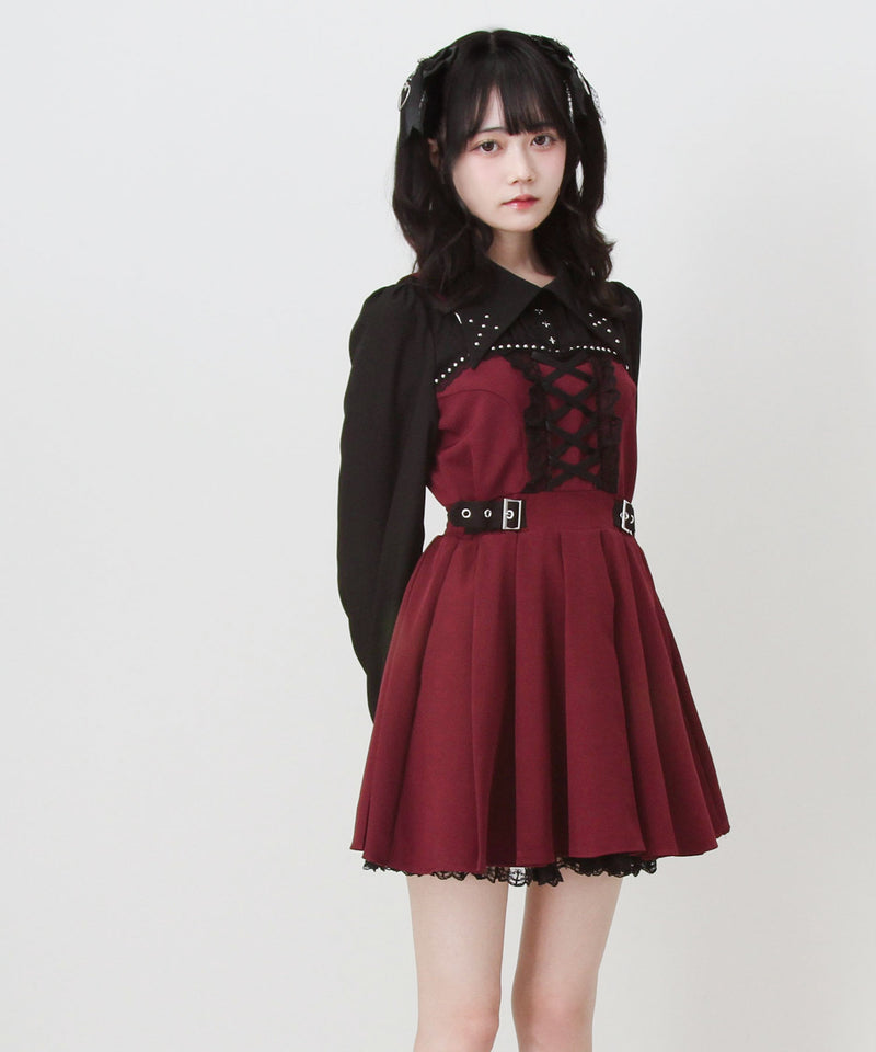 十字架スタッズジャンスカ風レースアッププリーツワンピース