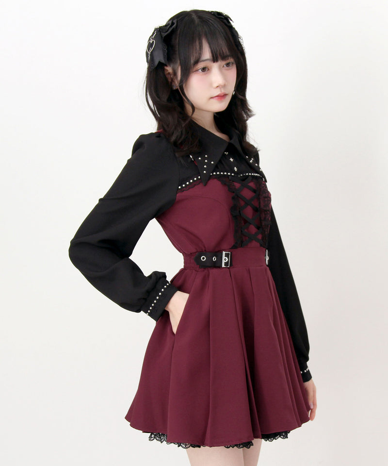 十字架スタッズジャンスカ風レースアッププリーツワンピース