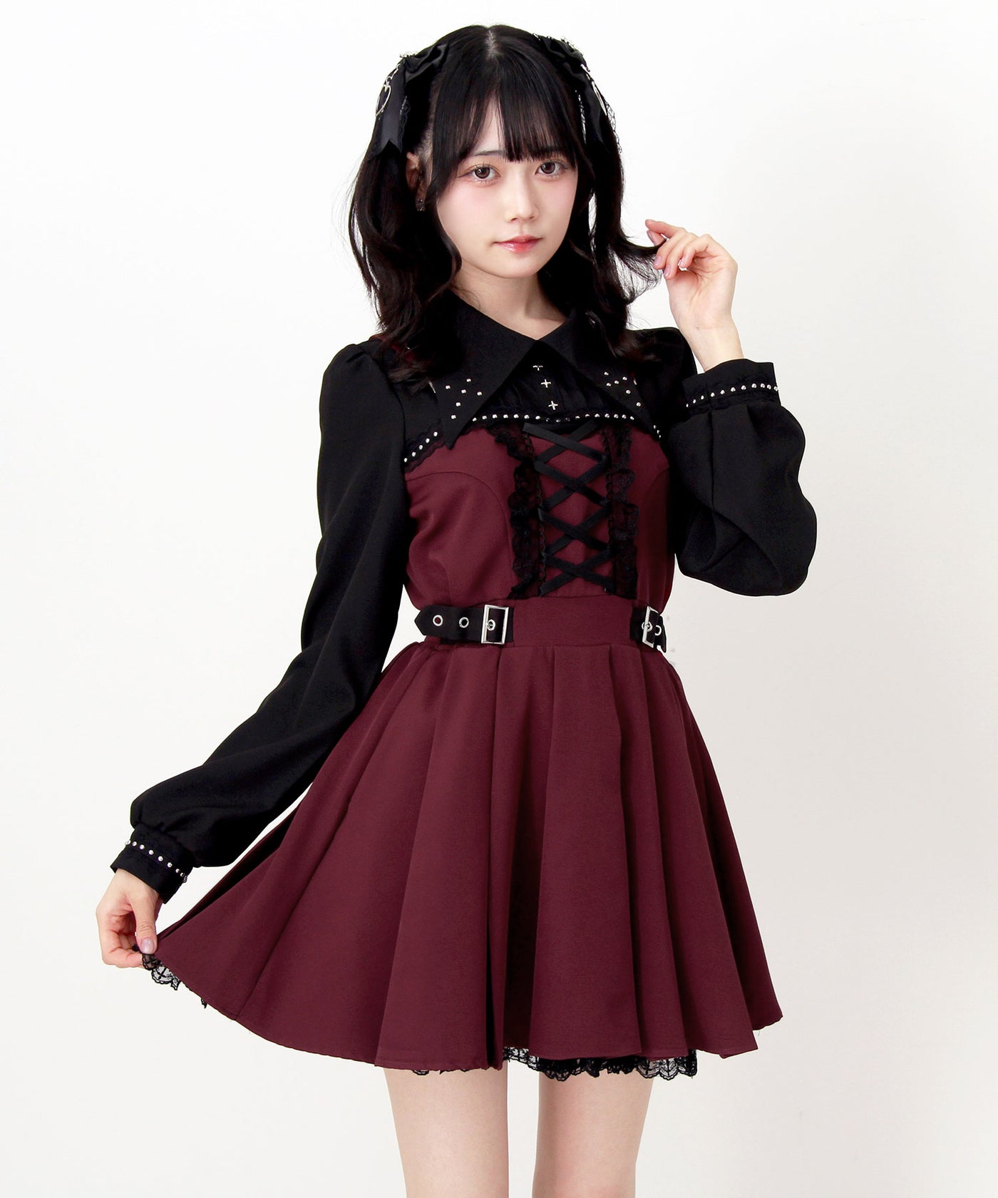 十字架スタッズジャンスカ風レースアッププリーツワンピース