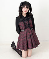 【予約 02/16発送】十字架スタッズジャンスカ風レースアッププリーツワンピース