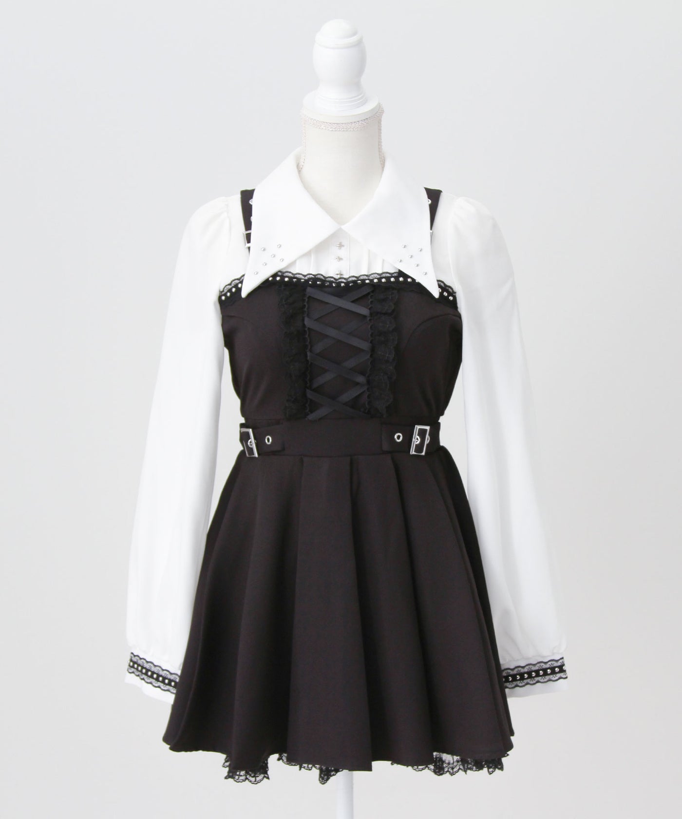 十字架スタッズジャンスカ風レースアッププリーツワンピース