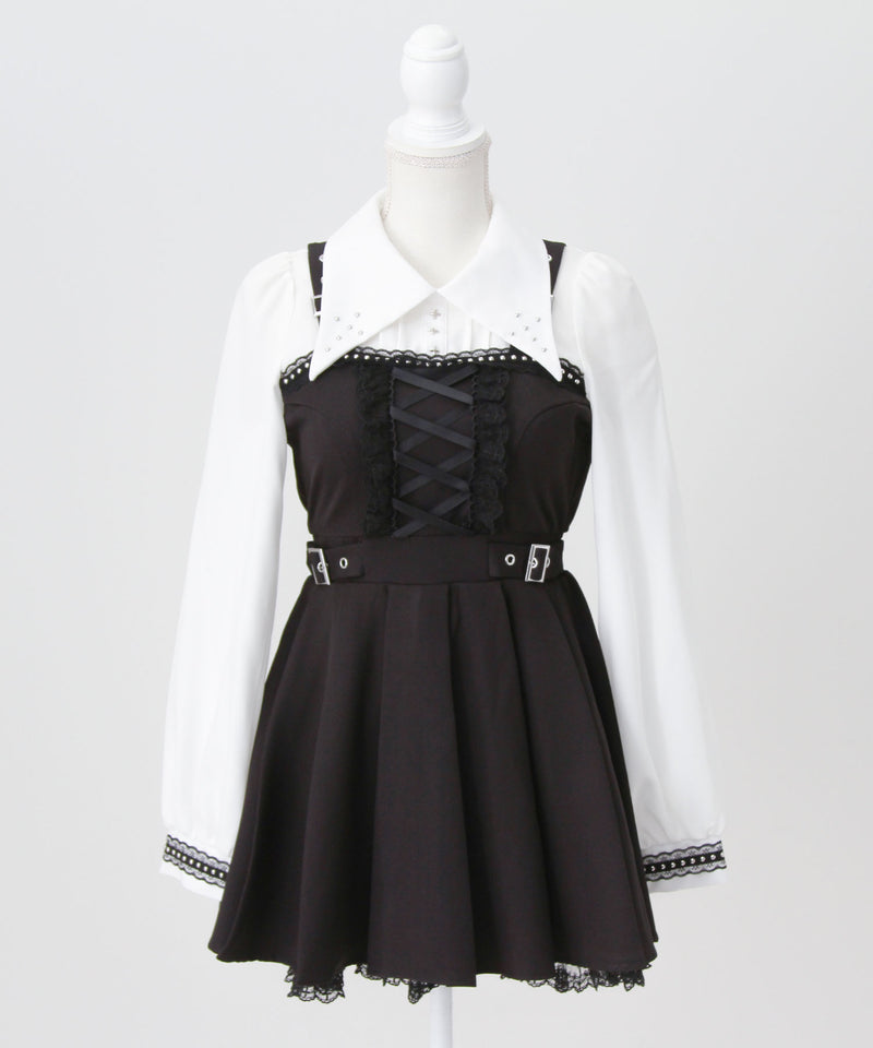 十字架スタッズジャンスカ風レースアッププリーツワンピース