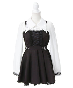 十字架スタッズジャンスカ風レースアッププリーツワンピース