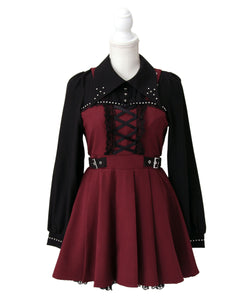 十字架スタッズジャンスカ風レースアッププリーツワンピース