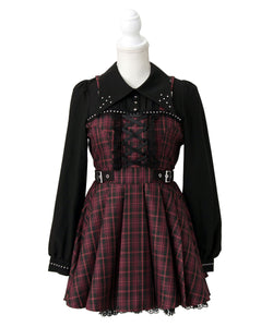 十字架スタッズジャンスカ風レースアッププリーツワンピース