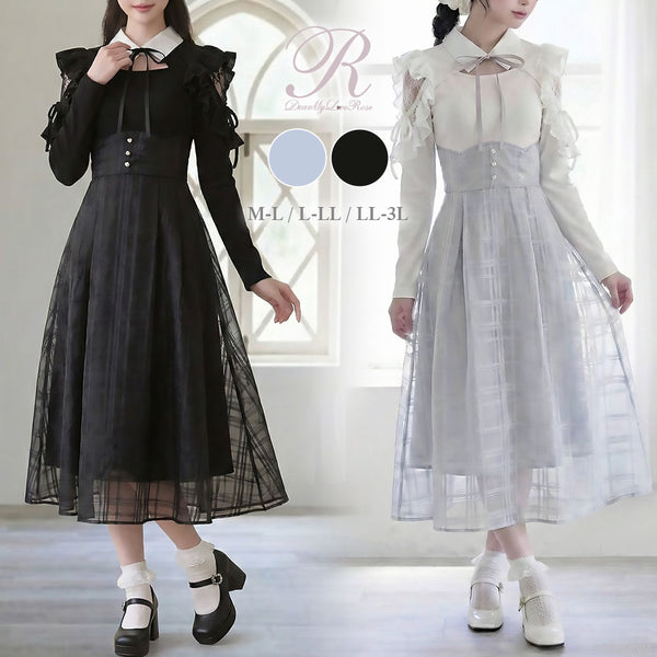 デコルテオープンシアーチェックスカートドッキングワンピース【大きい