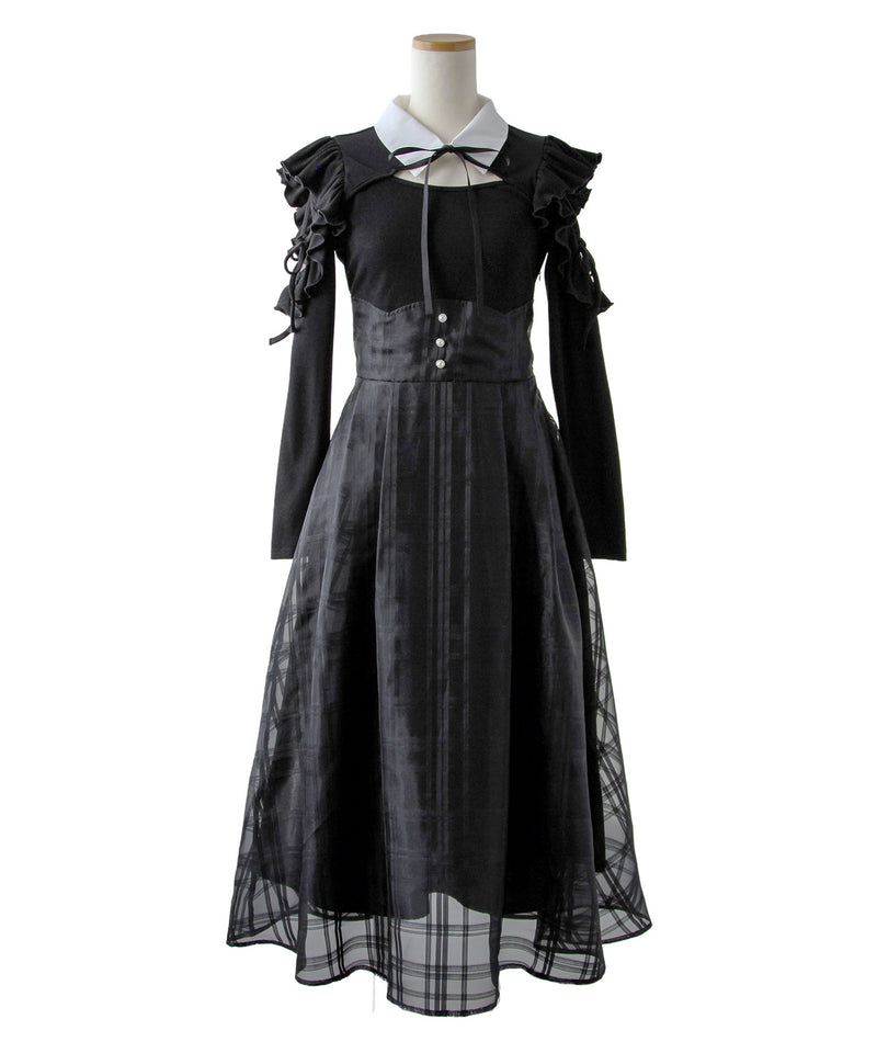 デコルテオープンシアーチェックスカートドッキングワンピース【大きい