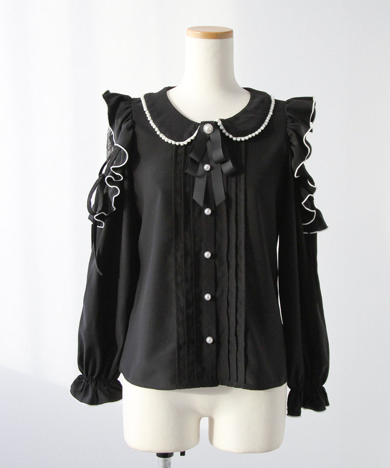 AD2017 archive 異素材フリルドッキング丸襟ブラウス 黒 ショルダーレースフリル丸襟ブラウス【大きいサイズあり