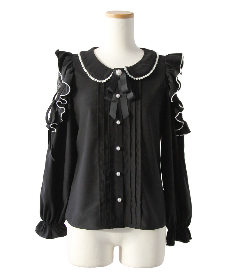 ショルダーレースフリル丸襟ブラウス【大きいサイズあり