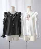 【4L-5L】ショルダーレースフリル丸襟ブラウス