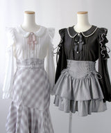 【4L-5L】ショルダーレースフリル丸襟ブラウス