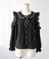 【4L-5L】ショルダーレースフリル丸襟ブラウス