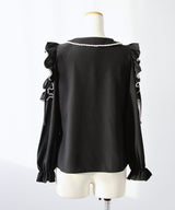 【4L-5L】ショルダーレースフリル丸襟ブラウス