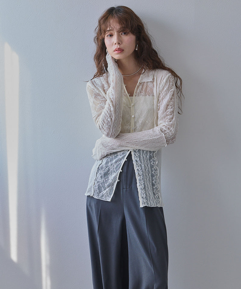 パッチワークレースシャツカーディガン 【mysty woman】 レースパッチ 