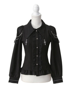 十字架クモレース角襟ゴシック風長袖ブラウス