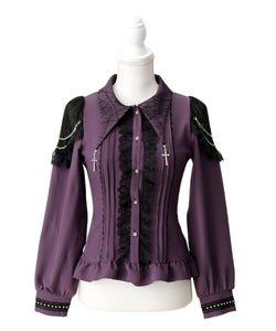 十字架クモレース角襟ゴシック風長袖ブラウス