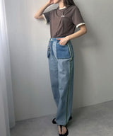 【予約　4/6発送】バイカラーロゴ刺繍タックデザインTシャツ【SD】