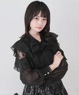 レースボウタイフリルパールブラウス