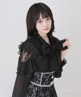 レースボウタイフリルパールブラウス