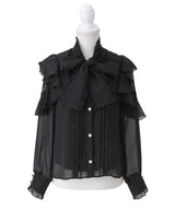 レースボウタイフリルパールブラウス