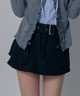 スカート見え×ショートパンツ ベルト付ハイウエストカーゴスカパン