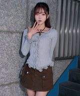 レースフリルフレア袖リブ長袖薄手ニットトップス