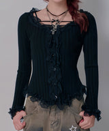 レースフリルフレア袖リブ長袖薄手ニットトップス