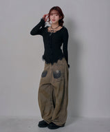 レースフリルフレア袖リブ長袖薄手ニットトップス