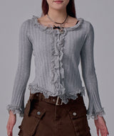 レースフリルフレア袖リブ長袖薄手ニットトップス