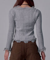 レースフリルフレア袖リブ長袖薄手ニットトップス