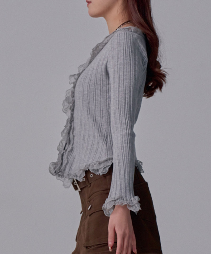 レースフリルフレア袖リブ長袖薄手ニットトップス – レディース