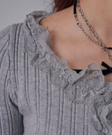 レースフリルフレア袖リブ長袖薄手ニットトップス