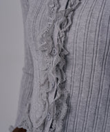 レースフリルフレア袖リブ長袖薄手ニットトップス