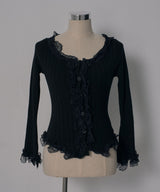 レースフリルフレア袖リブ長袖薄手ニットトップス