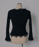 レースフリルフレア袖リブ長袖薄手ニットトップス