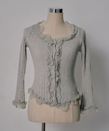 レースフリルフレア袖リブ長袖薄手ニットトップス