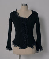 レースフリルフレア袖リブ長袖薄手ニットトップス