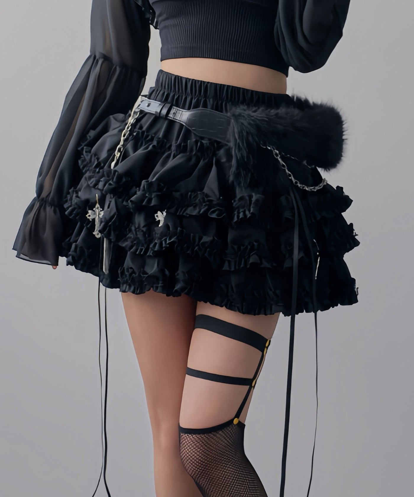 KISHIDAMIKI tulle chain belt 巻きスカート 地雷系十字架パーツ付フリルインナーパンツティアードスカパン