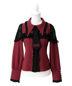 ゴシック風バラボタンフリルネクタイブラウス