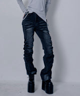 【予約　3/23発送】脇シャーリングヴィンテージ風加工ストレッチデニムパンツ