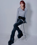 【予約　3/23発送】脇シャーリングヴィンテージ風加工ストレッチデニムパンツ