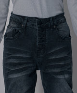 【予約　3/23発送】脇シャーリングヴィンテージ風加工ストレッチデニムパンツ